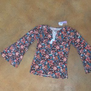 Panhandle Women's Brown with Multi-Floral Print Henley Long Bell Sleeves Top